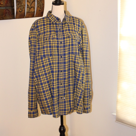 North Face, yellow & Blue plaid flannel snap buttons long sleeve shirt - Picture 2 of 10